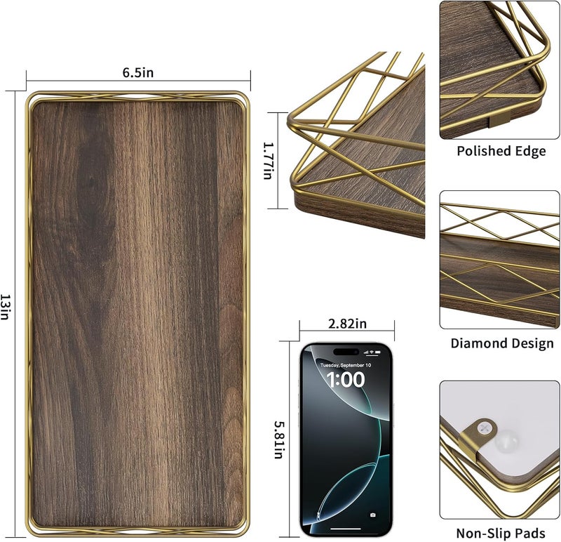Lixple Toilet Paper Basket Holder, 13" Bathroom Tray Countertop, Wood and Metal Toilet Tank Tray Bathroom Vanity Organizer for Toiletry, Kitchen Sink Organizer for Soap Dispenser (Brown+Gold) - Image 2